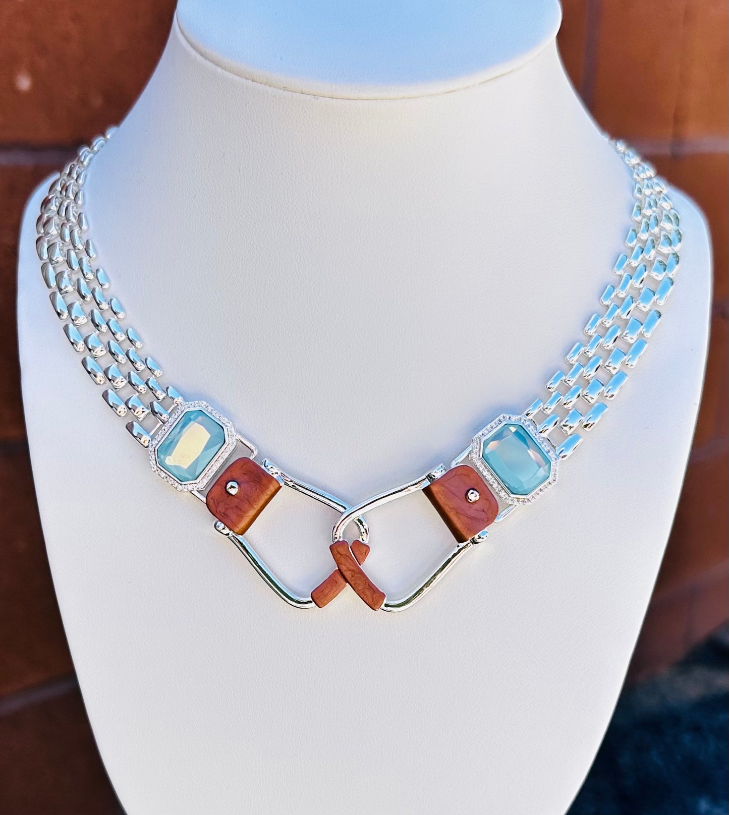 BOLD and beautiful: Westeren Saddle Stirrup Necklace/Aqua stone w/toggle