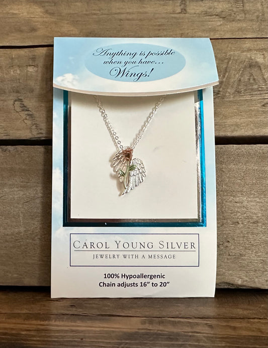 Angel Wings CARDED Necklace Petite Silver tone with Rose