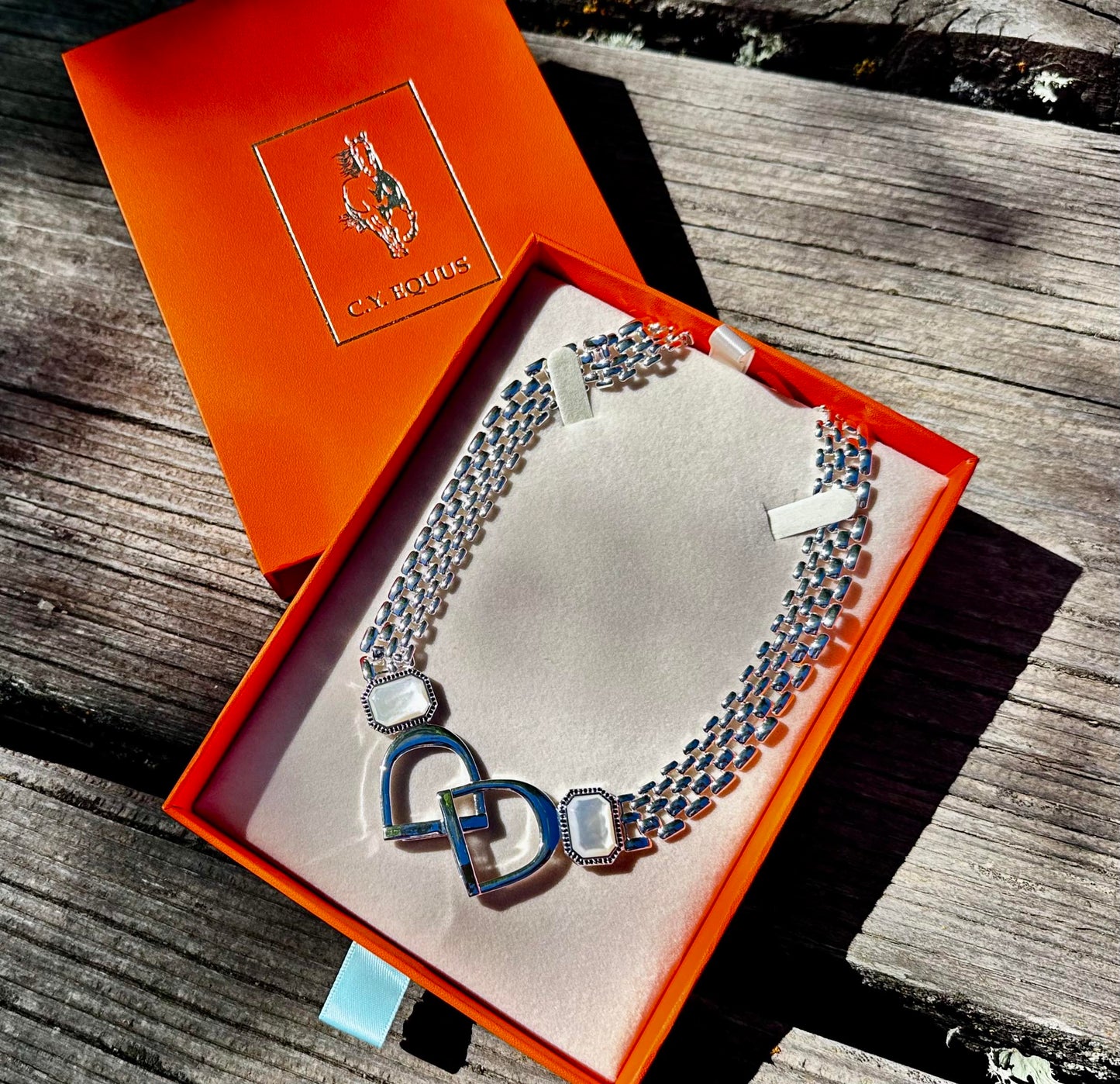 Bold/Modern English Saddle Stirrup Necklace/Mother of Pearl