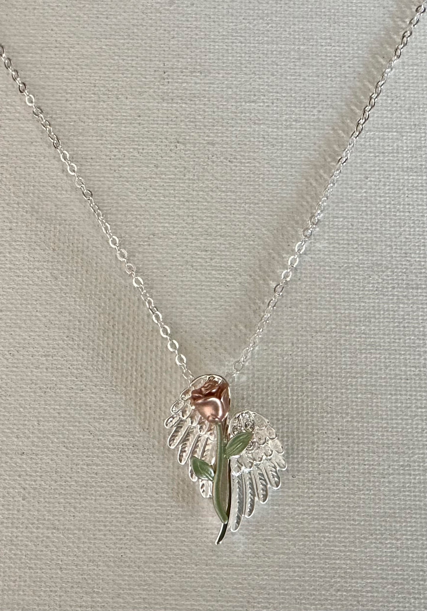 Angel Wings CARDED Necklace Petite Silver tone with Rose