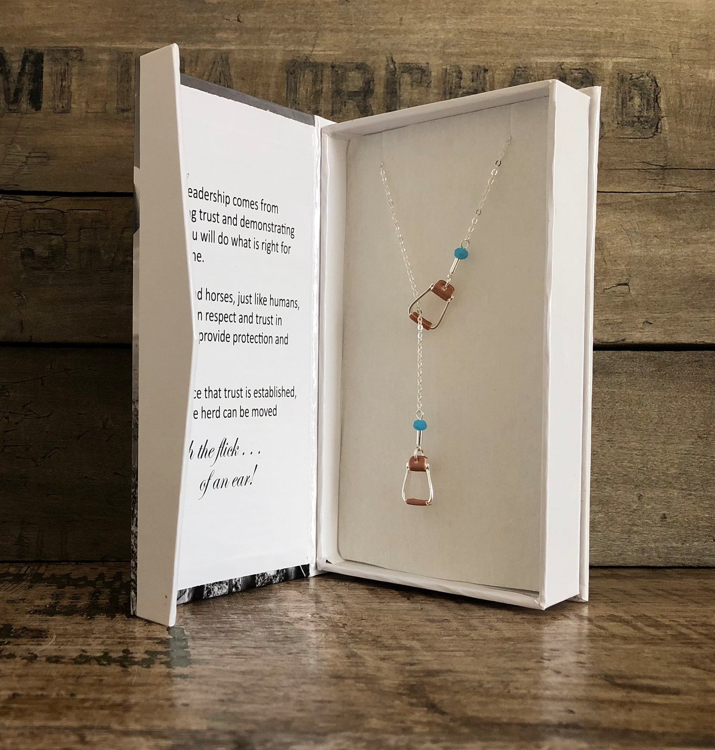 Saddle Stirrup “Y” Necklace with AQUA beads in box