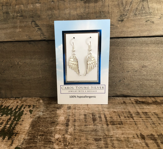 Angel Wings Earrings Silver Tone WIRE on CARD