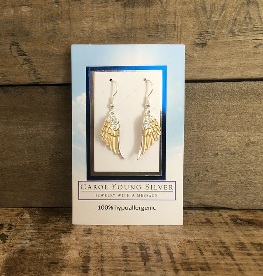 Angel Wings Earrings Two tone WIRE on CARD