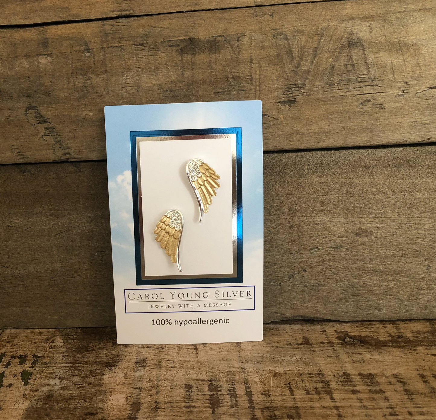 Angel Wings Earrings Two tone POST on CARD