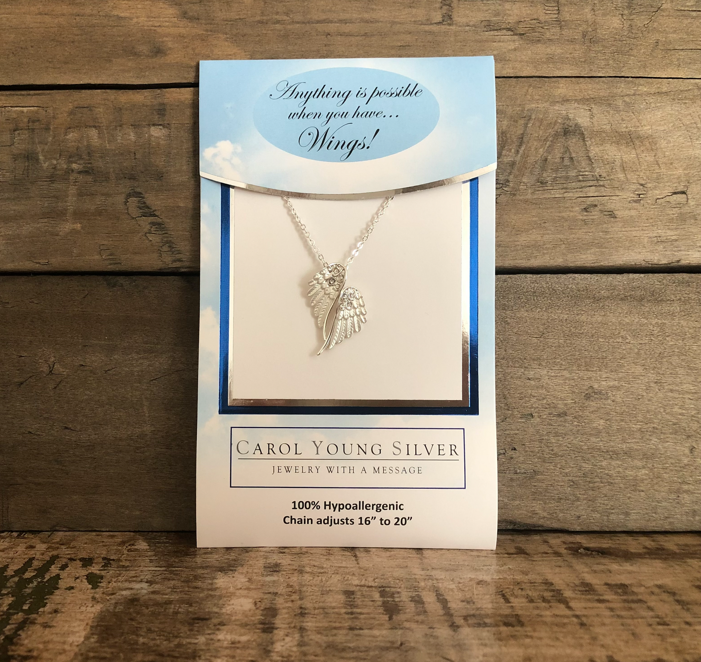 Angel Wings CARDED Necklace Petite Silver tone