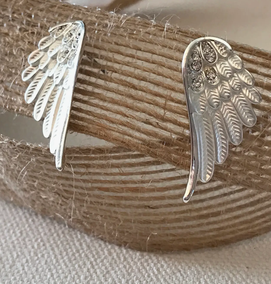 Angel Wings Earrings Silver tone POST on CARD