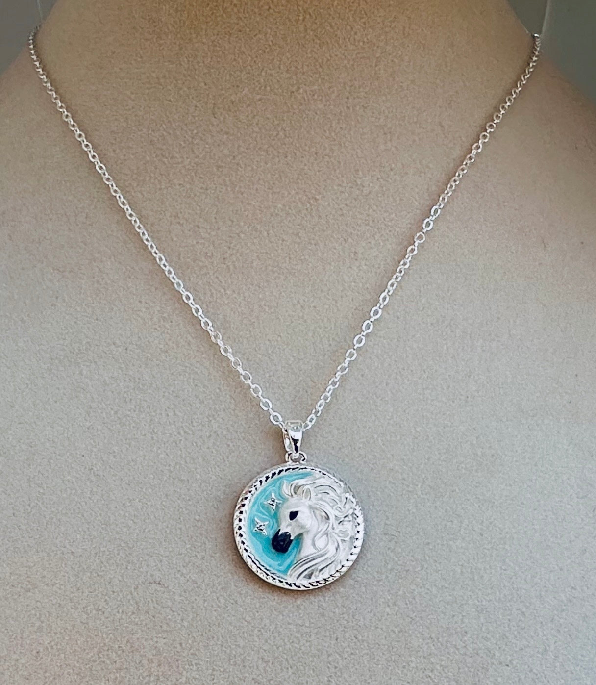 ARABIAN horse face Disk Necklace with Aqua