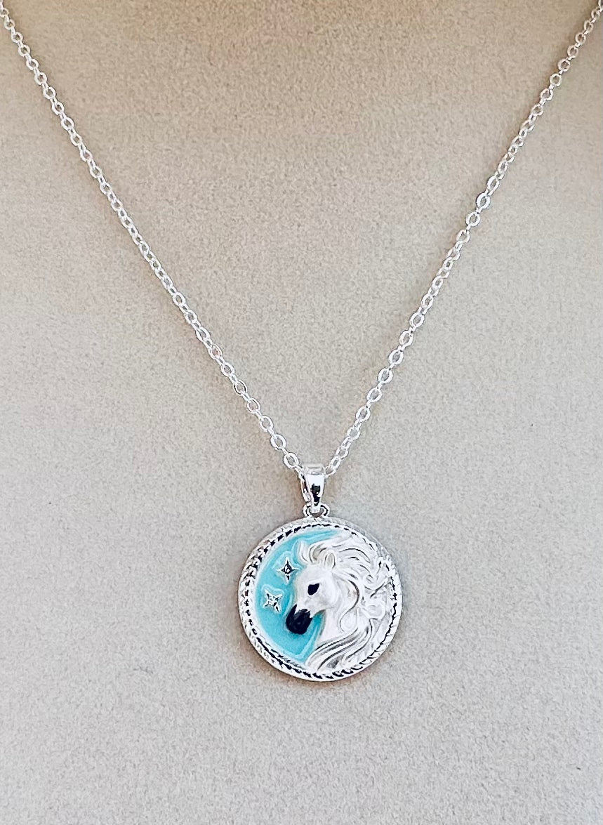 ARABIAN horse face Disk Necklace with Aqua