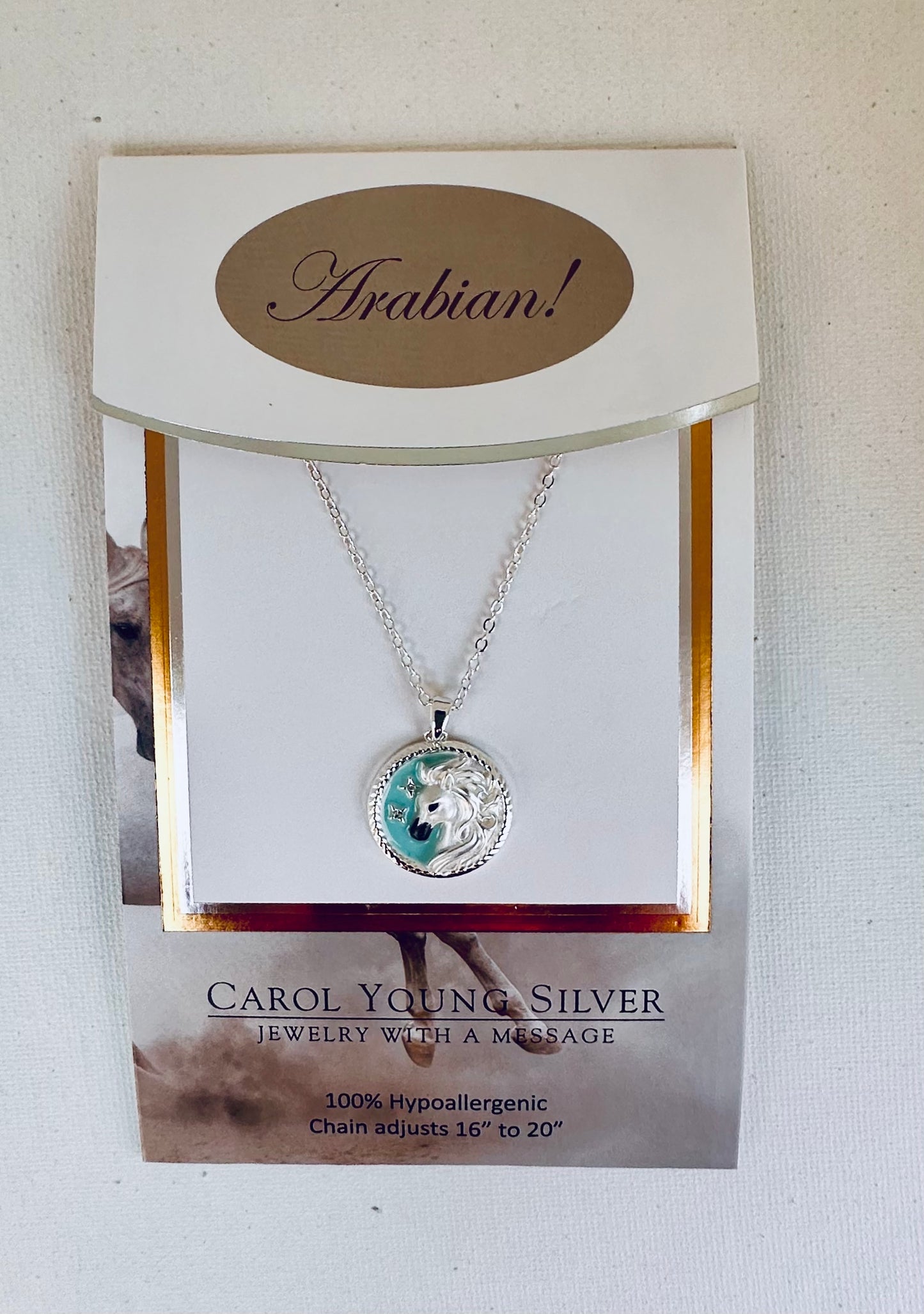 ARABIAN horse face Disk Necklace with Aqua