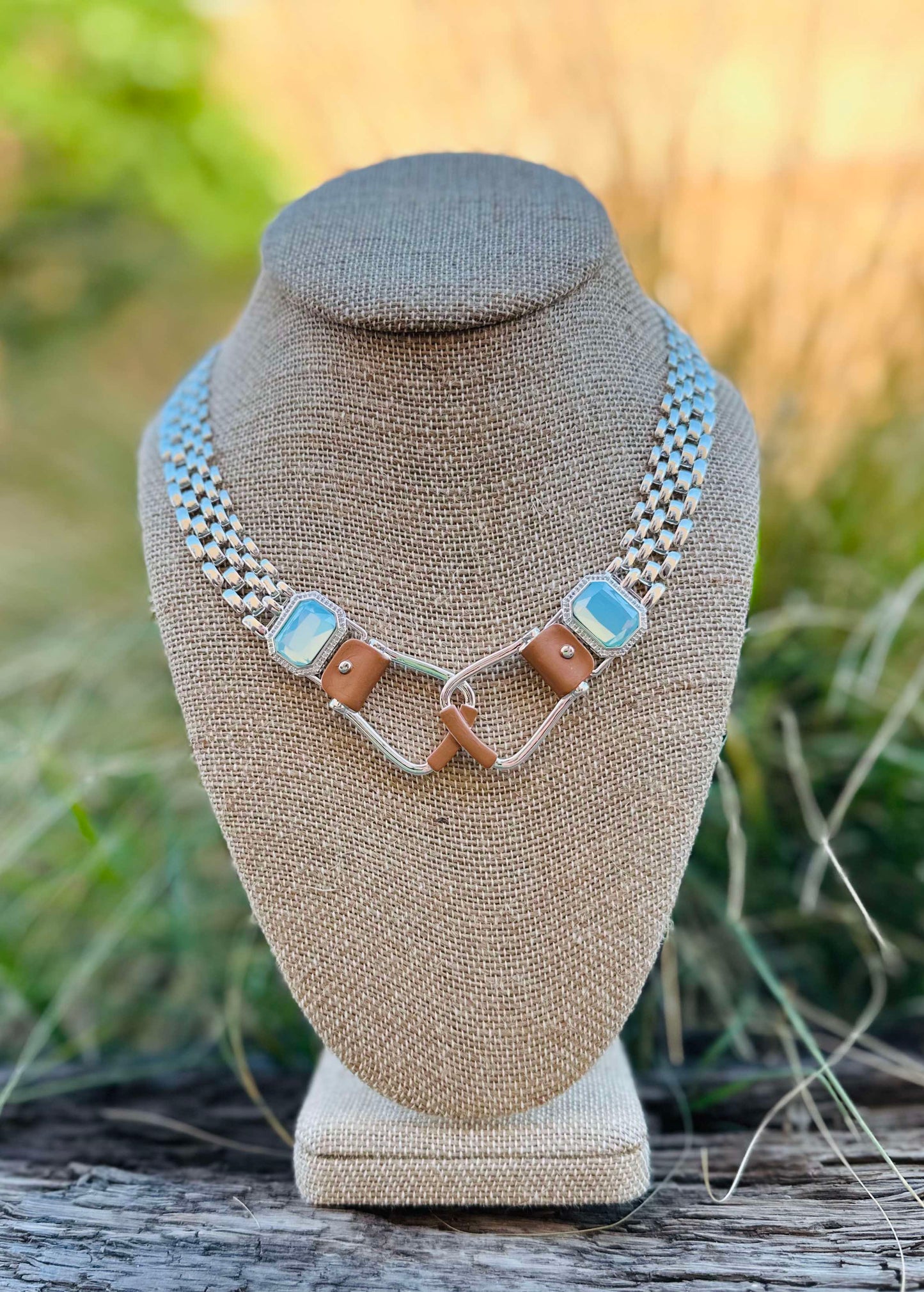 BOLD and beautiful: Westeren Saddle Stirrup Necklace/Aqua stone w/toggle