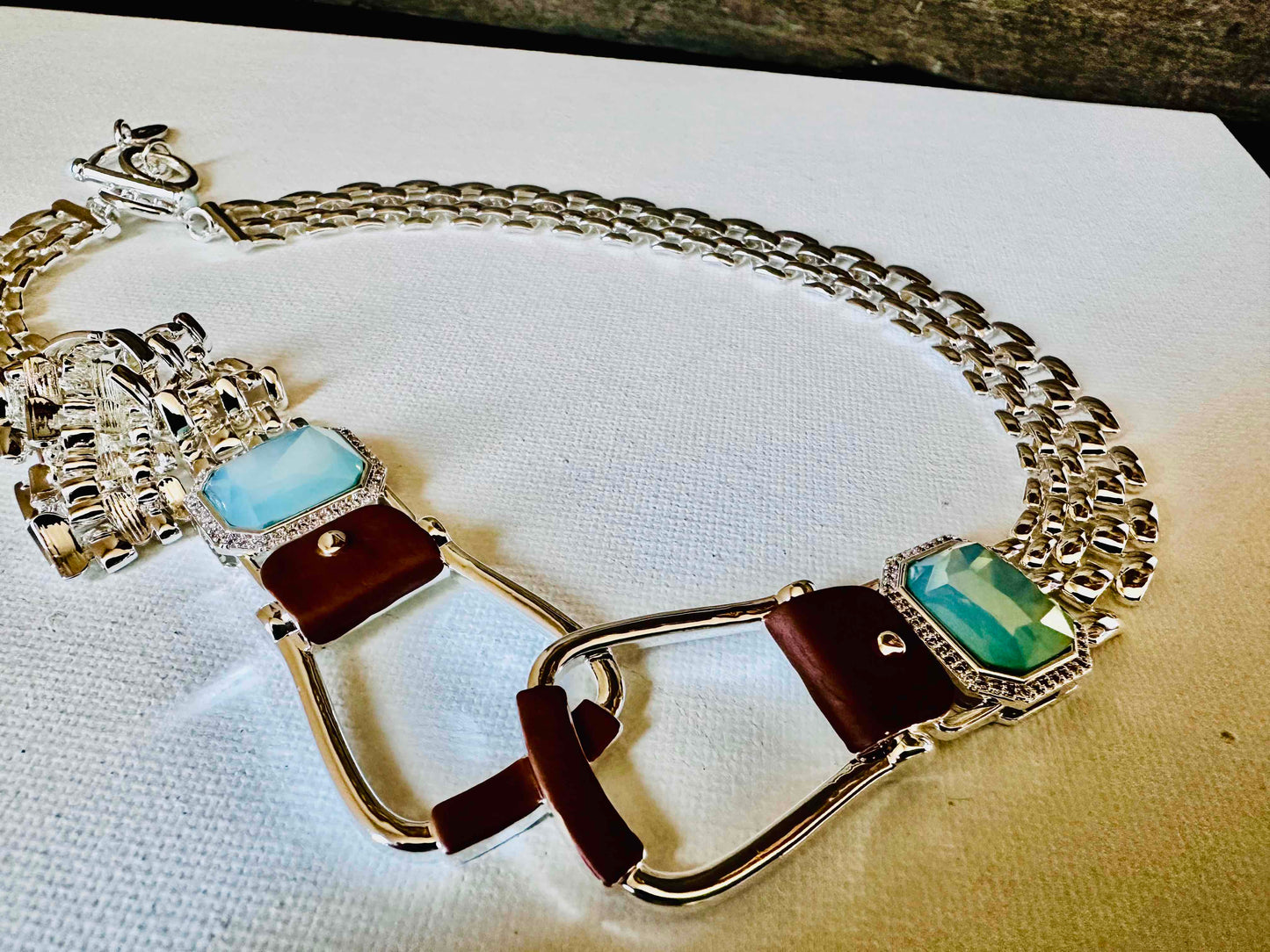BOLD and beautiful: Westeren Saddle Stirrup Necklace/Aqua stone w/toggle