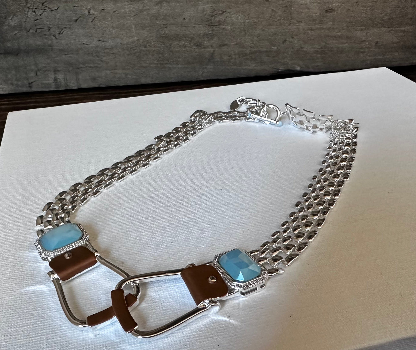 BOLD and beautiful: Westeren Saddle Stirrup Necklace/Aqua stone w/toggle