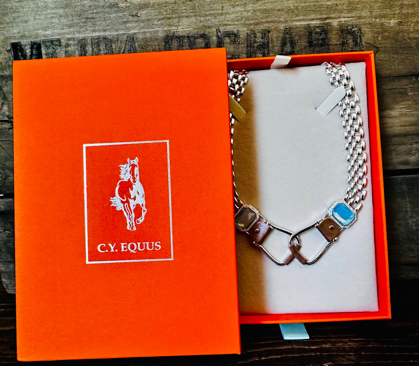 BOLD and beautiful: Westeren Saddle Stirrup Necklace/Aqua stone w/toggle