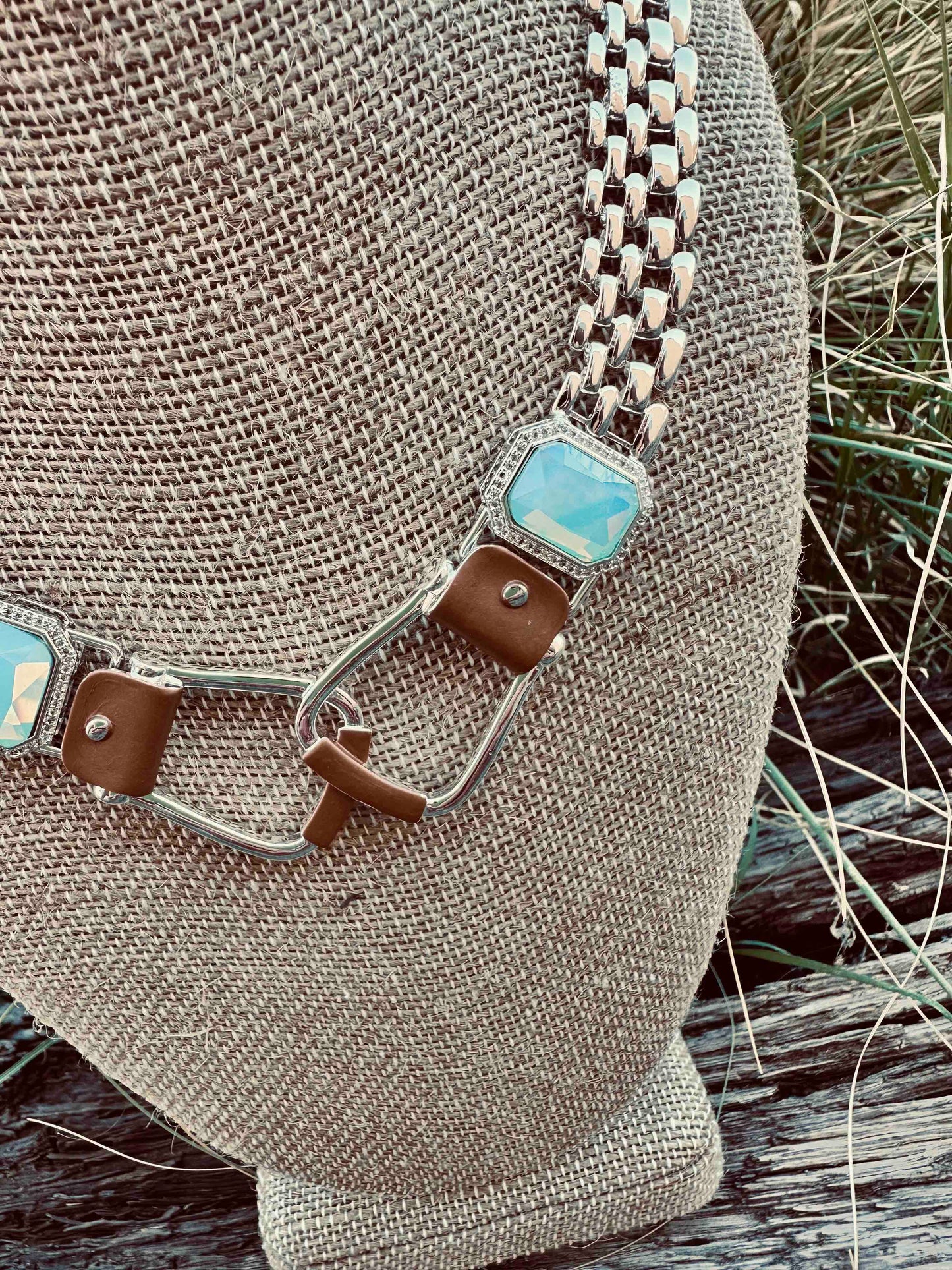 BOLD and beautiful: Westeren Saddle Stirrup Necklace/Aqua stone w/toggle
