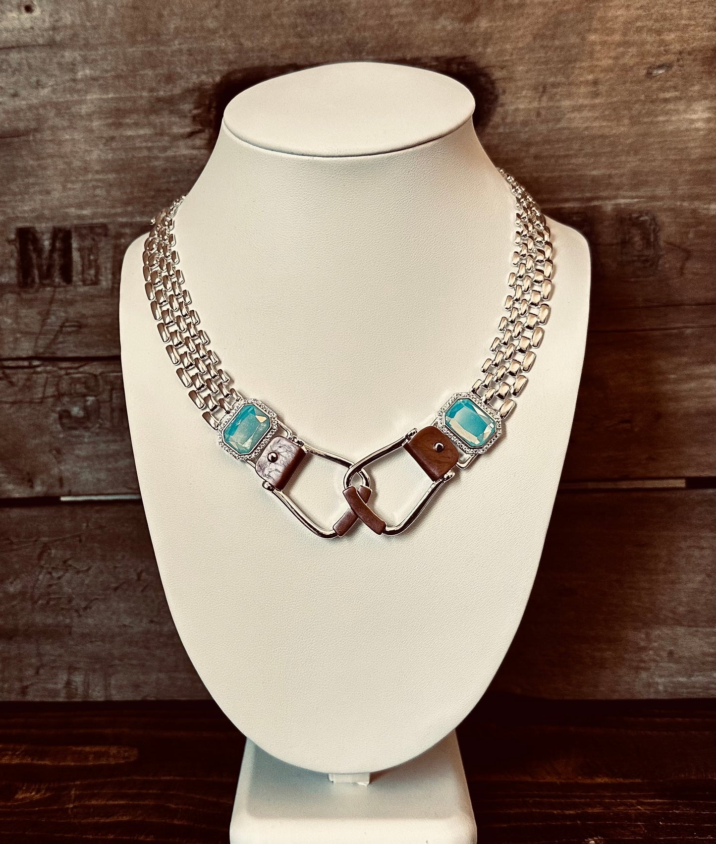 BOLD and beautiful: Westeren Saddle Stirrup Necklace/Aqua stone w/toggle