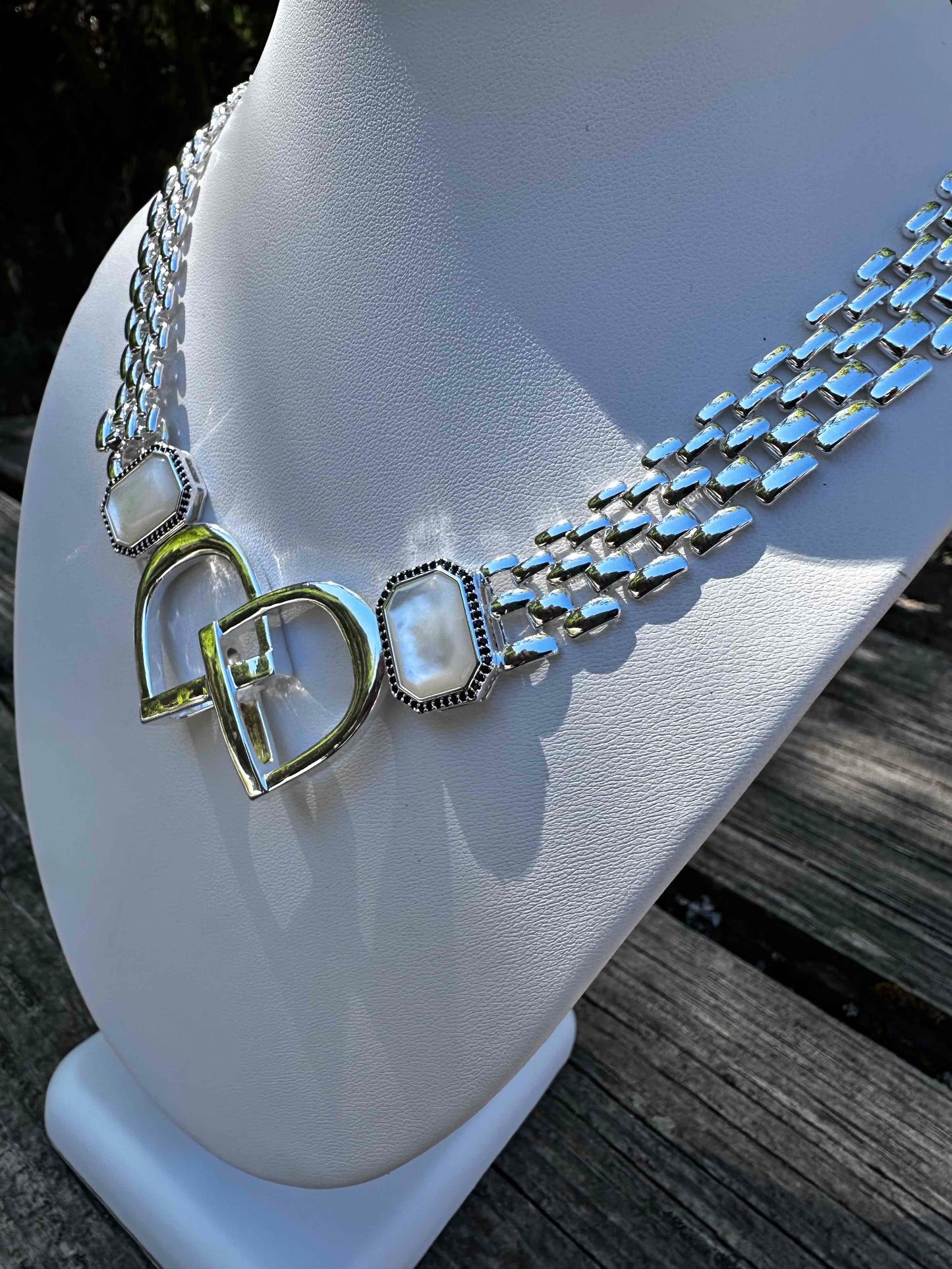Bold/Modern English Saddle Stirrup Necklace/Mother of Pearl
