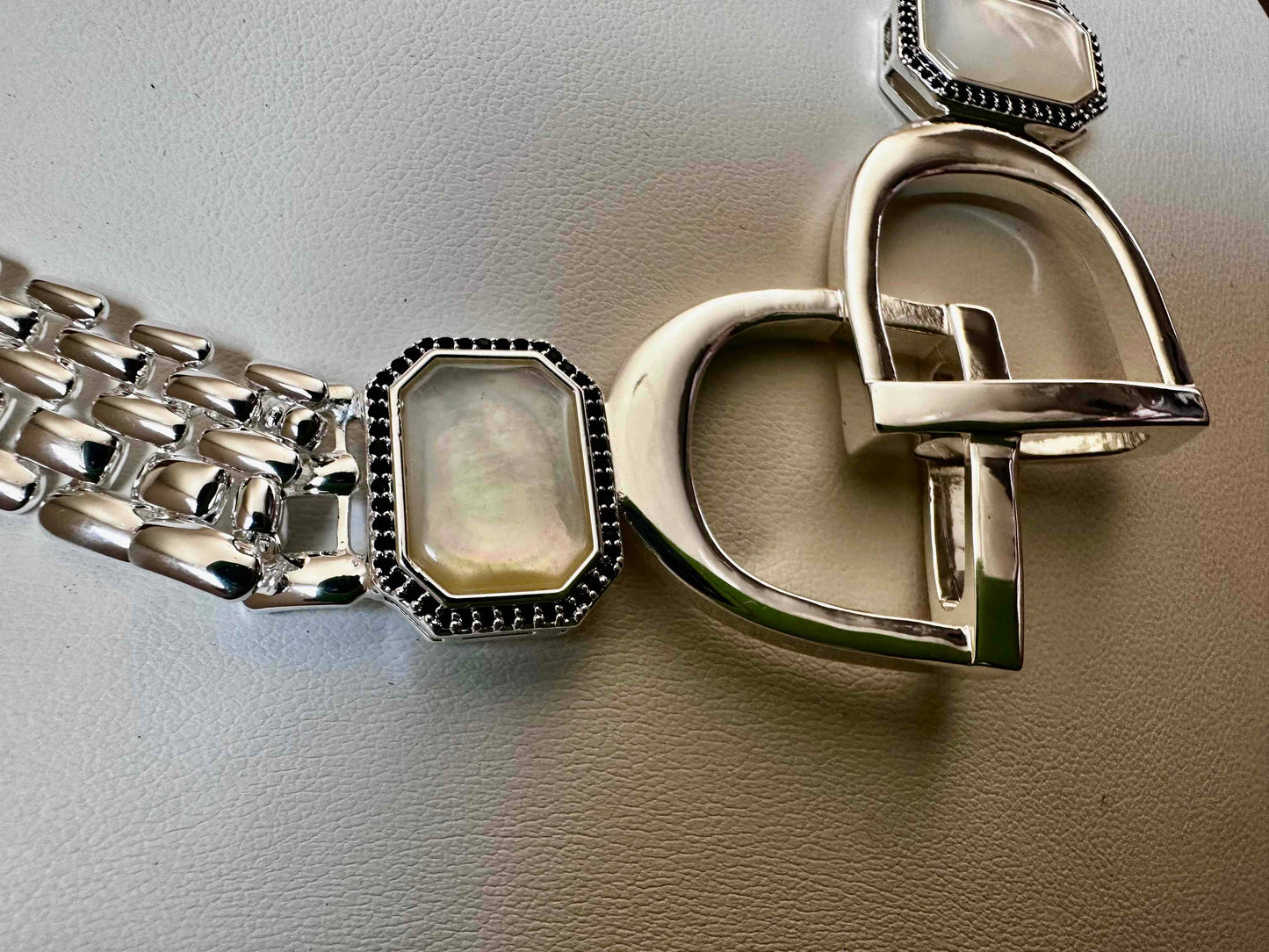 Bold/Modern English Saddle Stirrup Necklace/Mother of Pearl