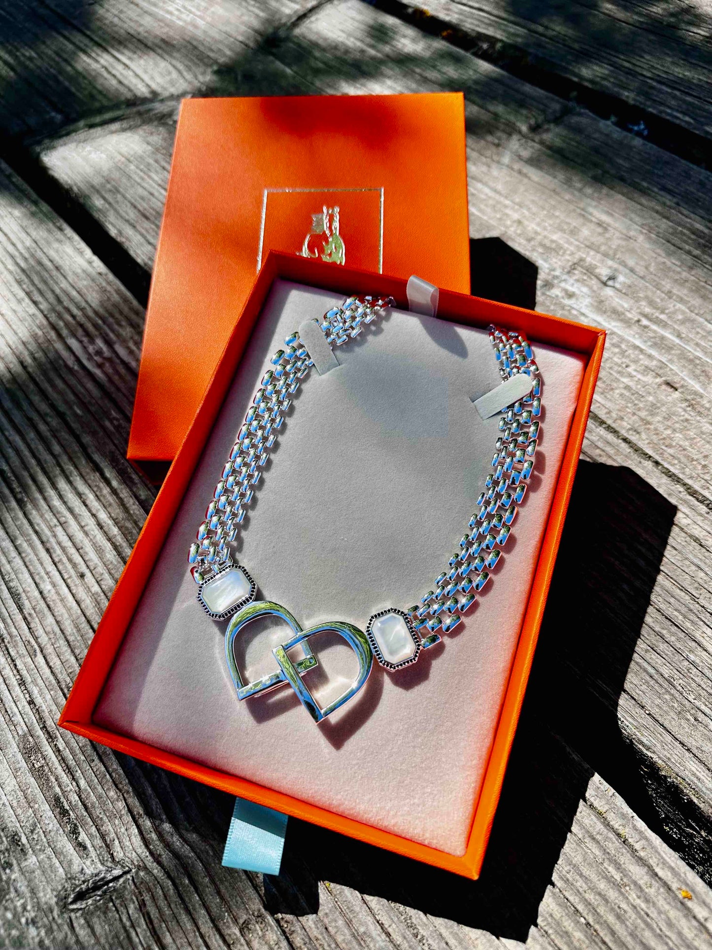 Bold/Modern English Saddle Stirrup Necklace/Mother of Pearl