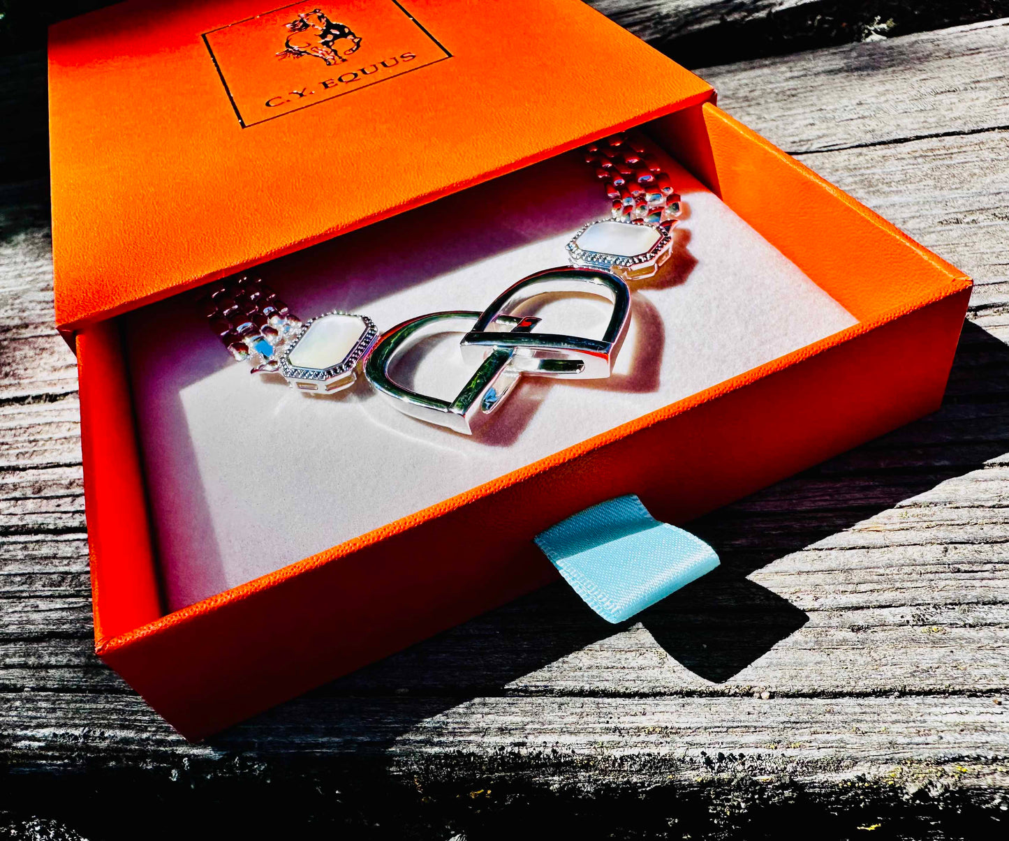 Bold/Modern English Saddle Stirrup Necklace/Mother of Pearl