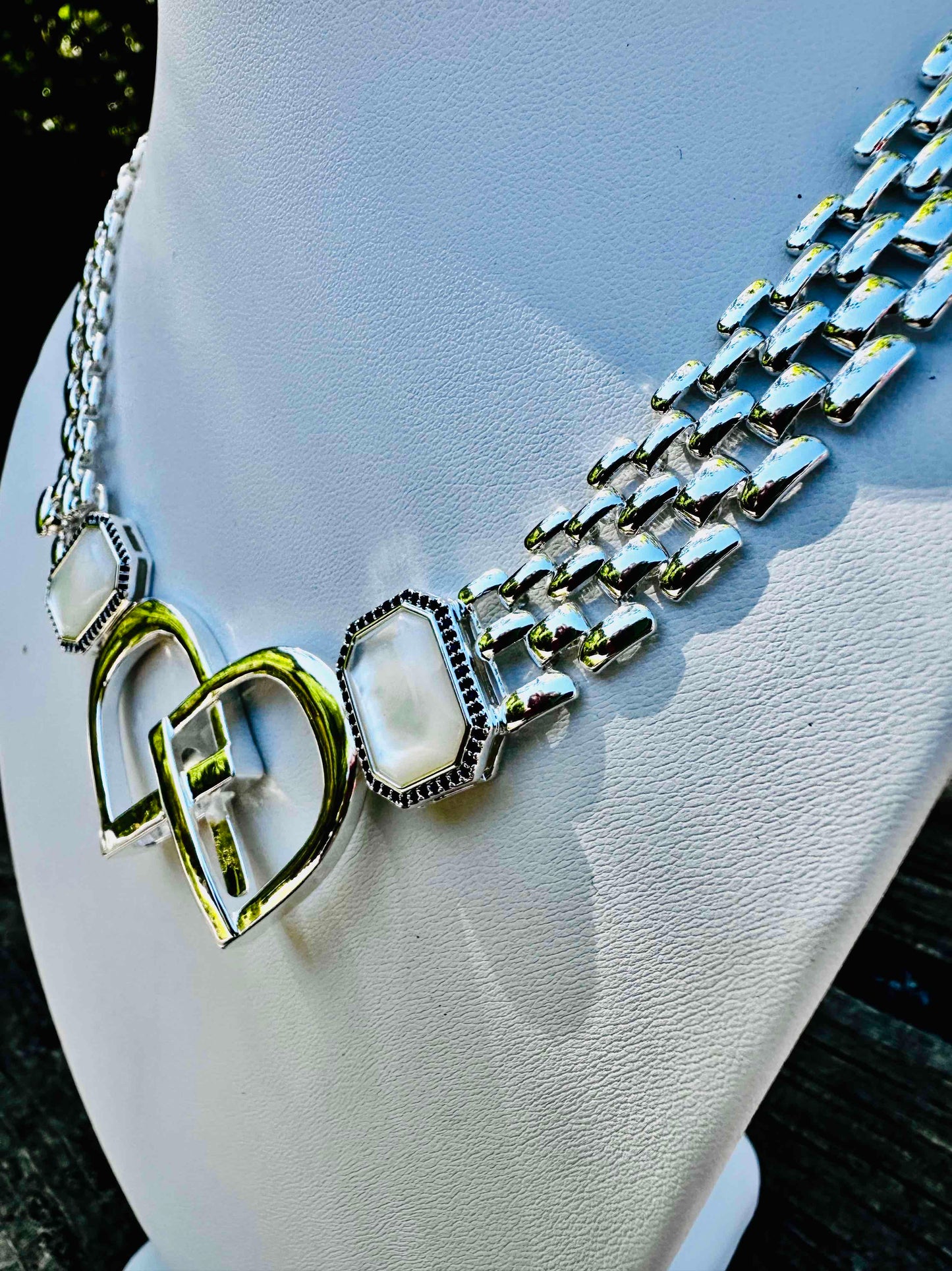 Bold/Modern English Saddle Stirrup Necklace/Mother of Pearl
