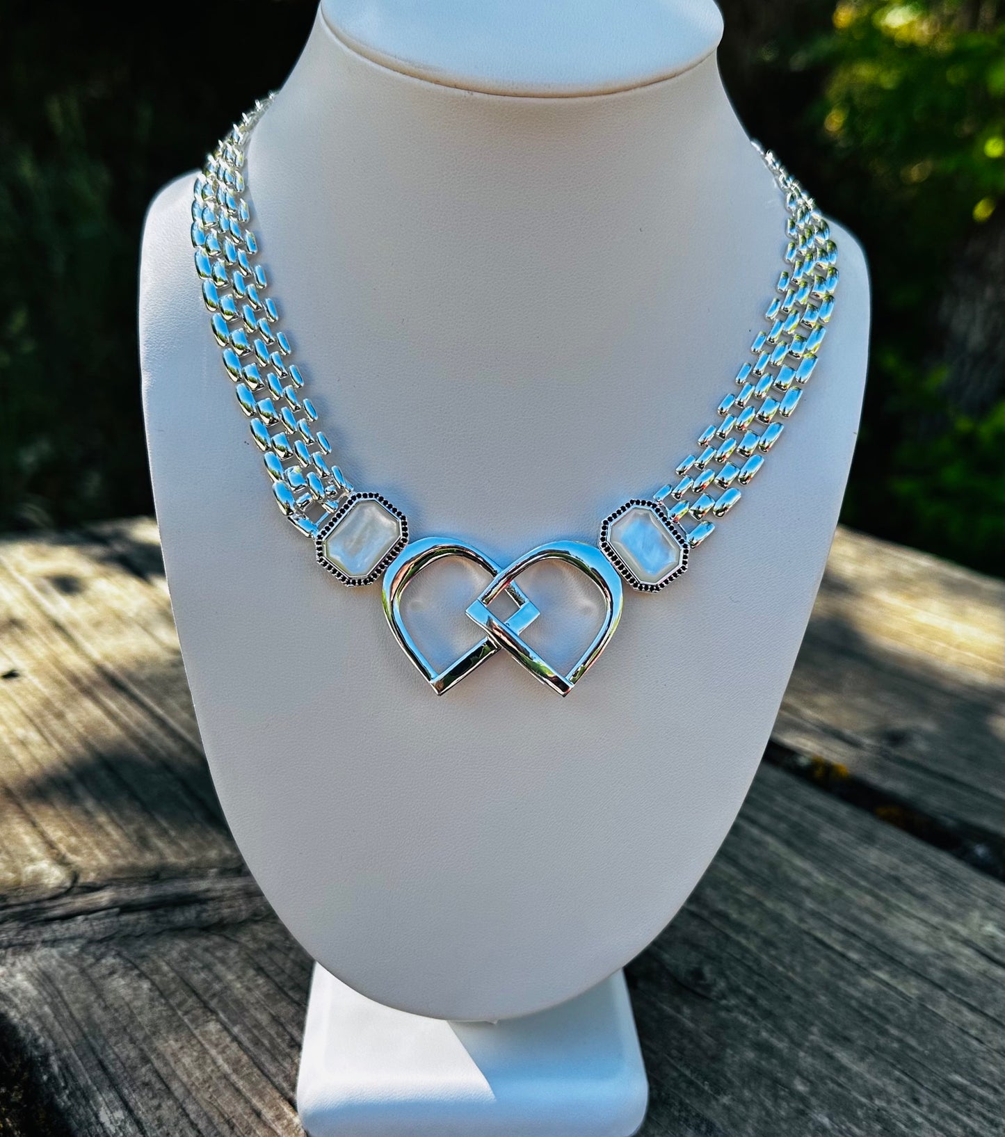 Bold/Modern English Saddle Stirrup Necklace/Mother of Pearl