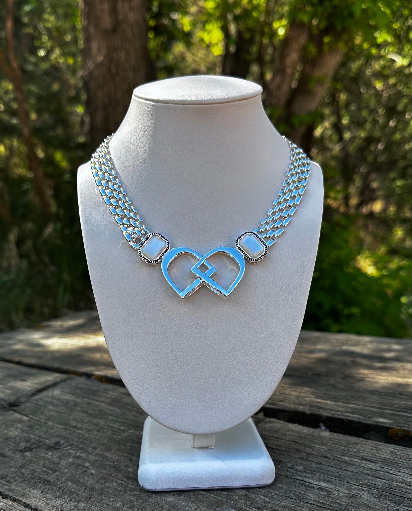 Bold/Modern English Saddle Stirrup Necklace/Mother of Pearl