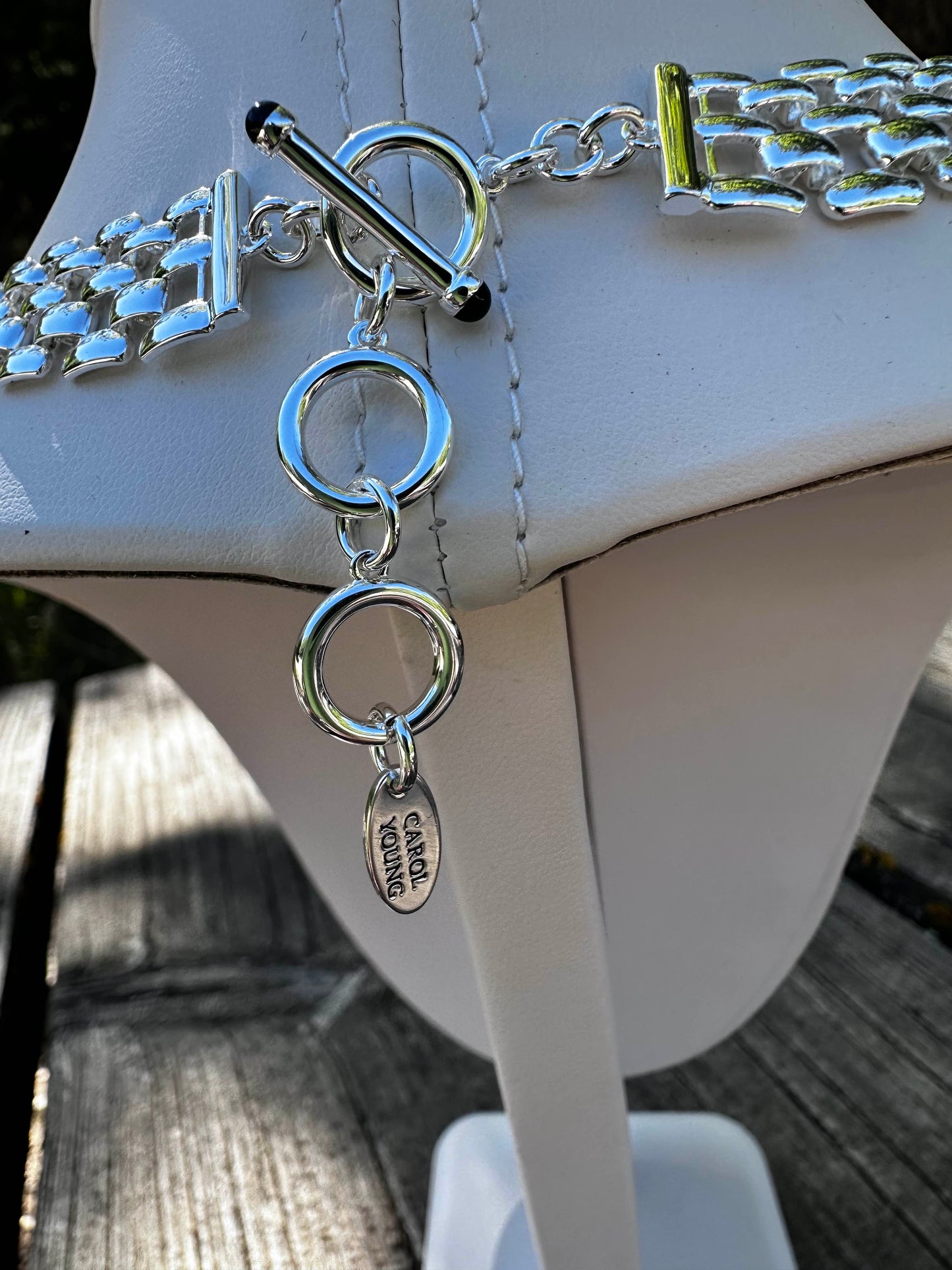 Bold/Modern English Saddle Stirrup Necklace/Mother of Pearl