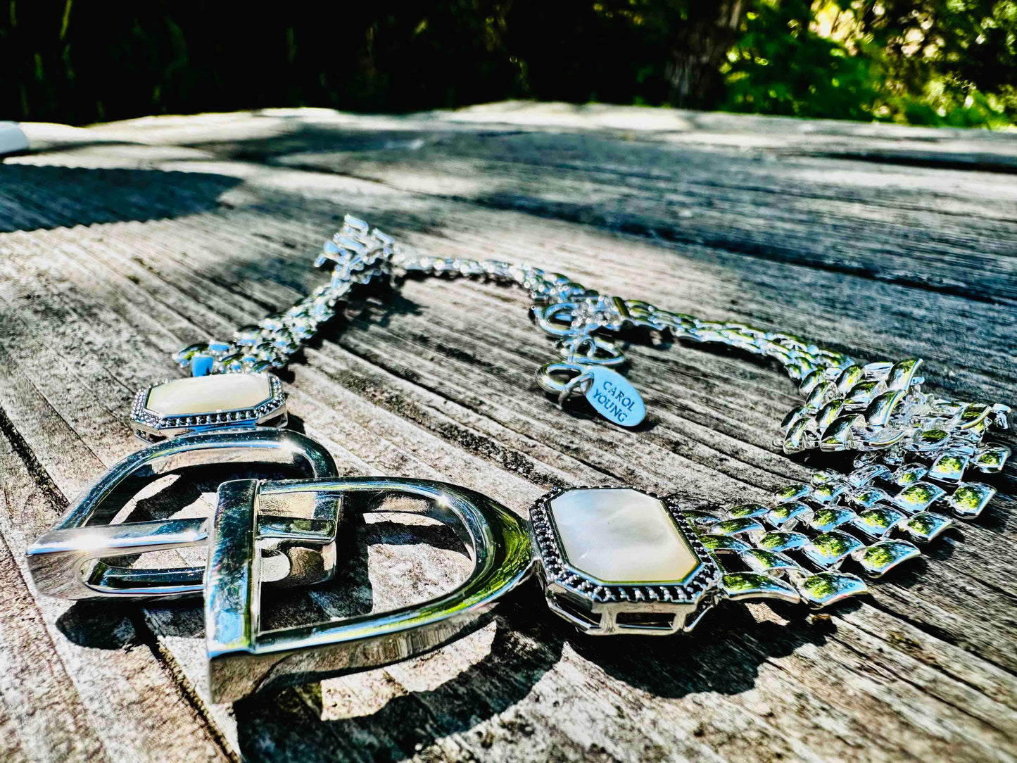 Bold/Modern English Saddle Stirrup Necklace/Mother of Pearl