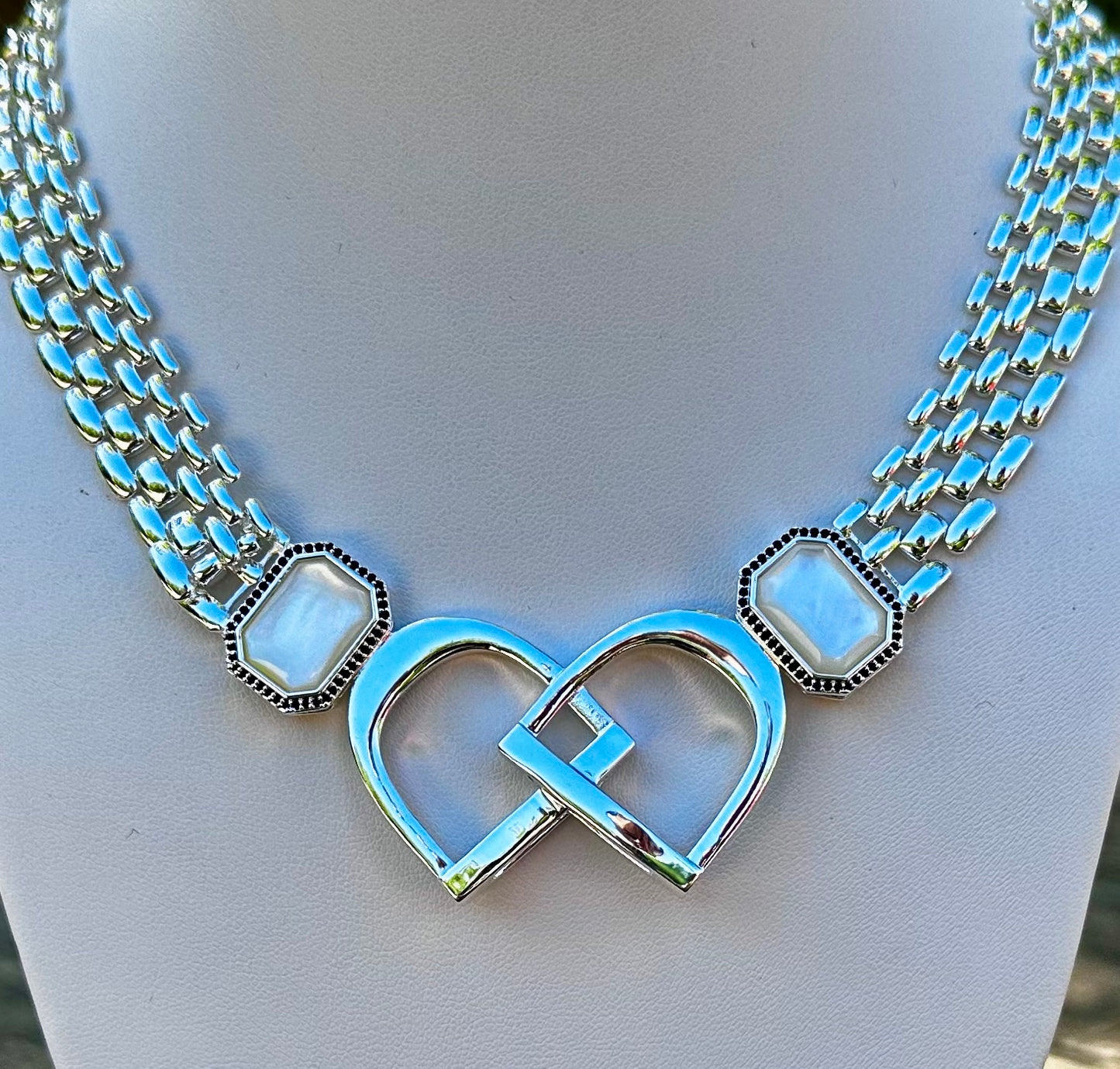 Bold/Modern English Saddle Stirrup Necklace/Mother of Pearl