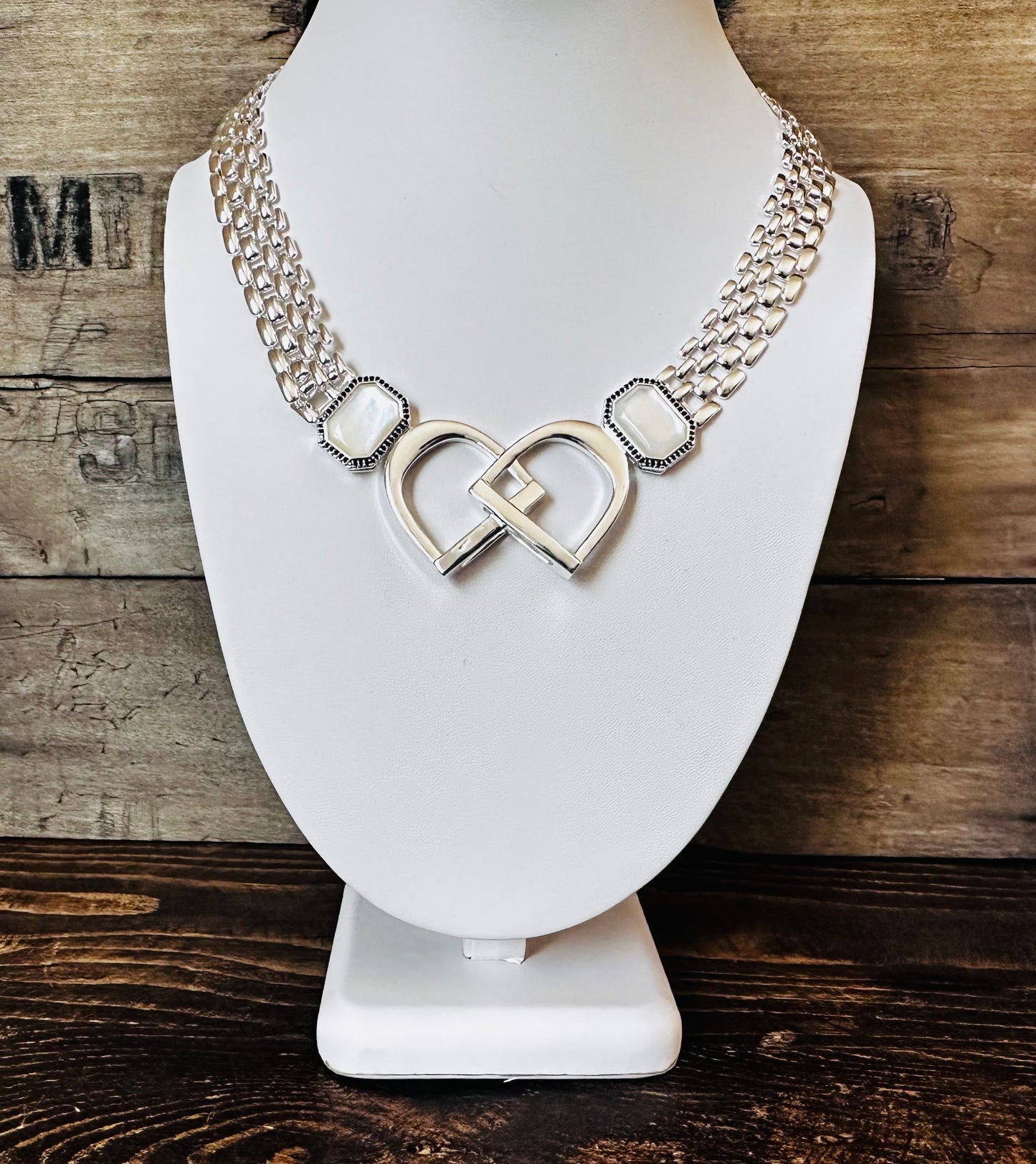 Bold/Modern English Saddle Stirrup Necklace/Mother of Pearl