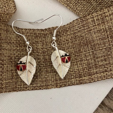 Ladybug on Leaf Wire earrings Carol Young Silver