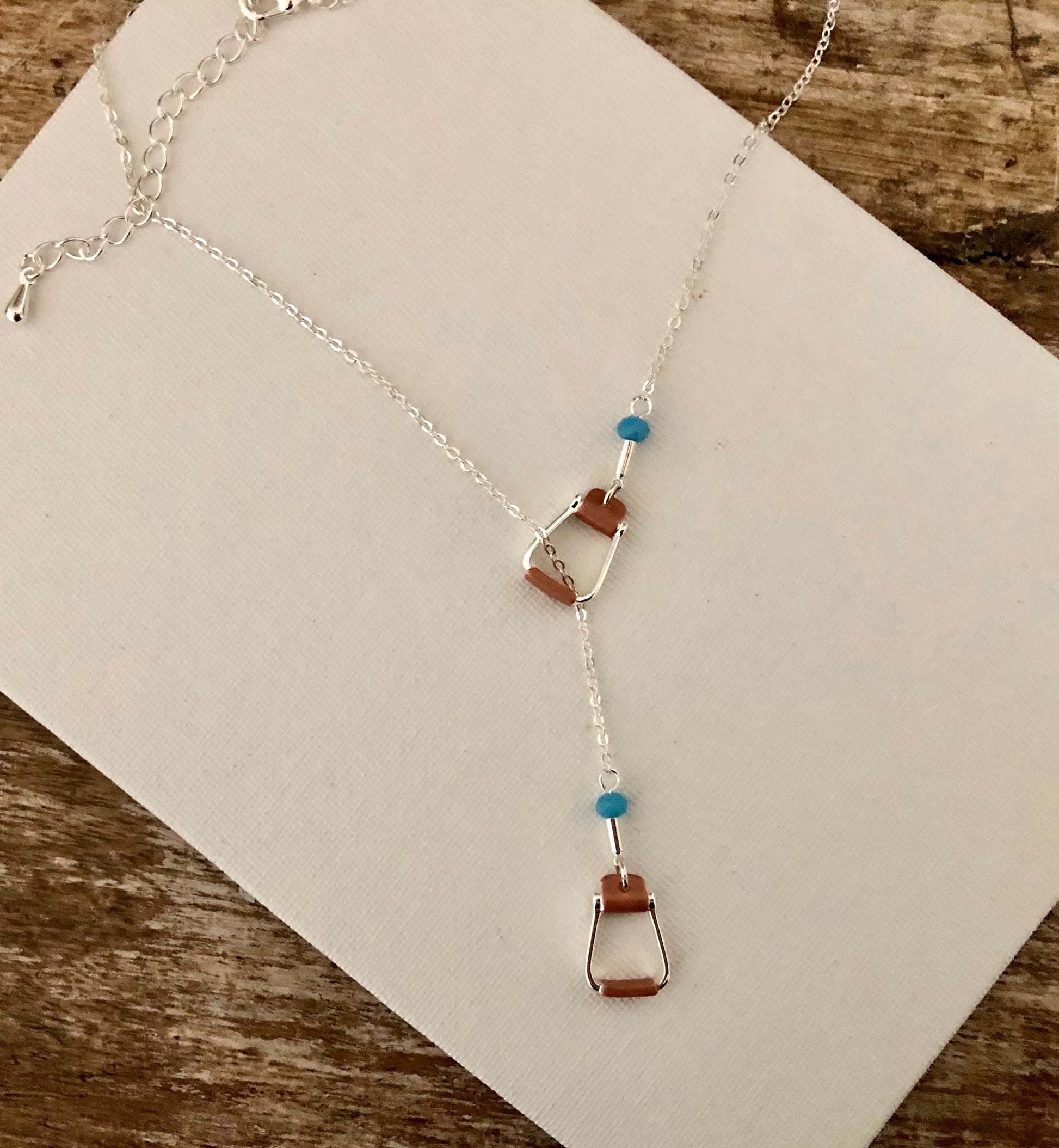 Saddle Stirrup “Y” Necklace with AQUA beads in box