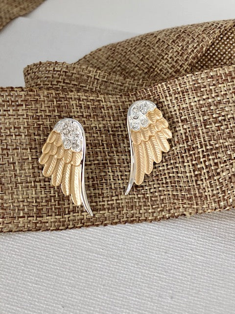 Angel Wings Earrings Two tone POST on CARD