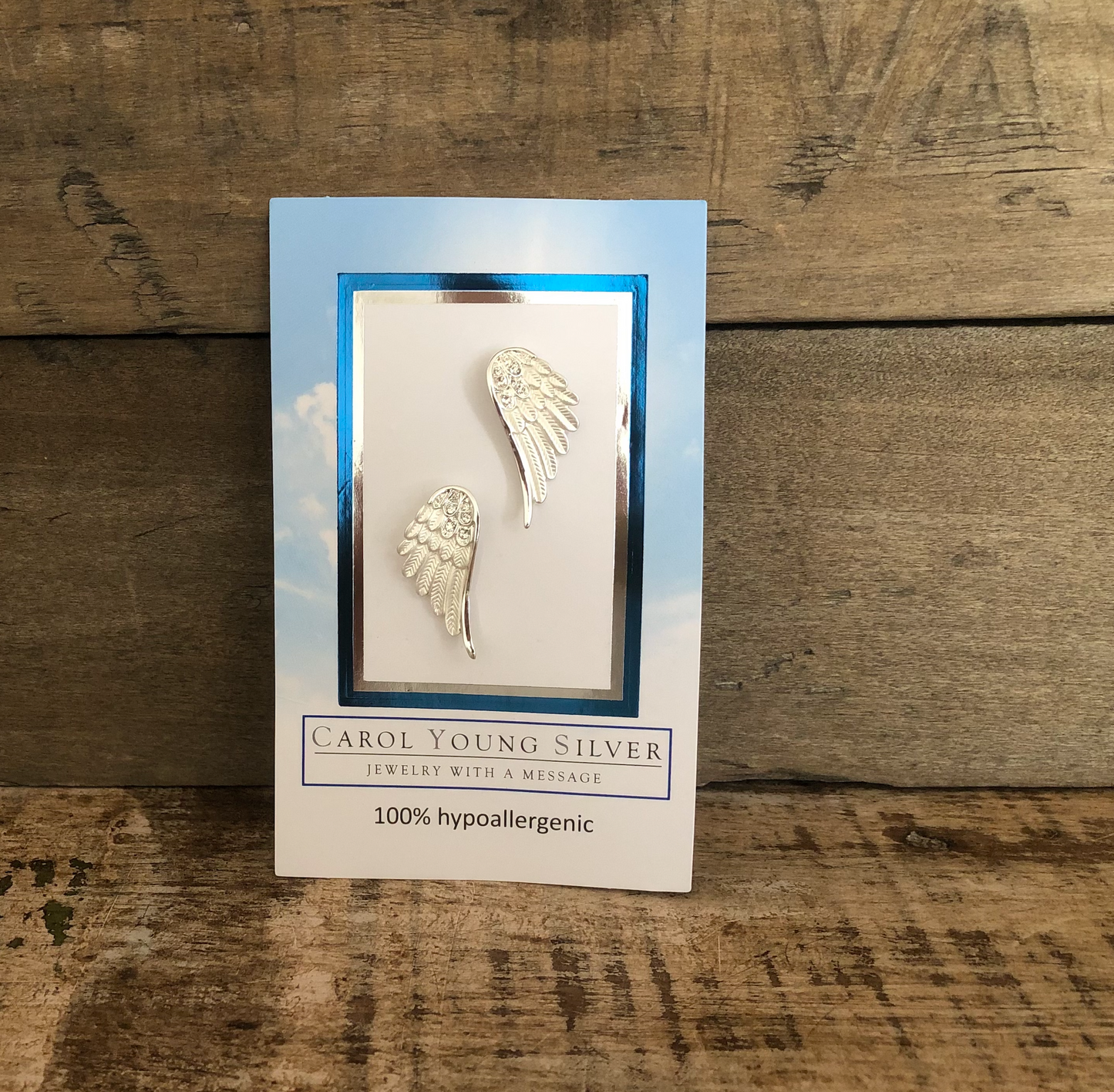 Angel Wings Earrings Silver tone POST on CARD